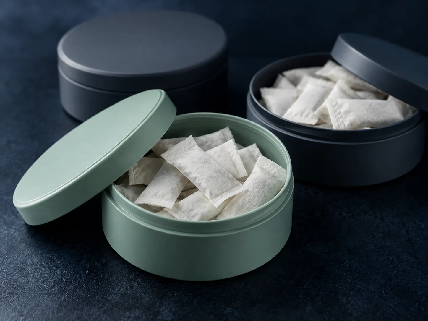 Open unbranded mint and slate tins holding white pouches in soft studio light