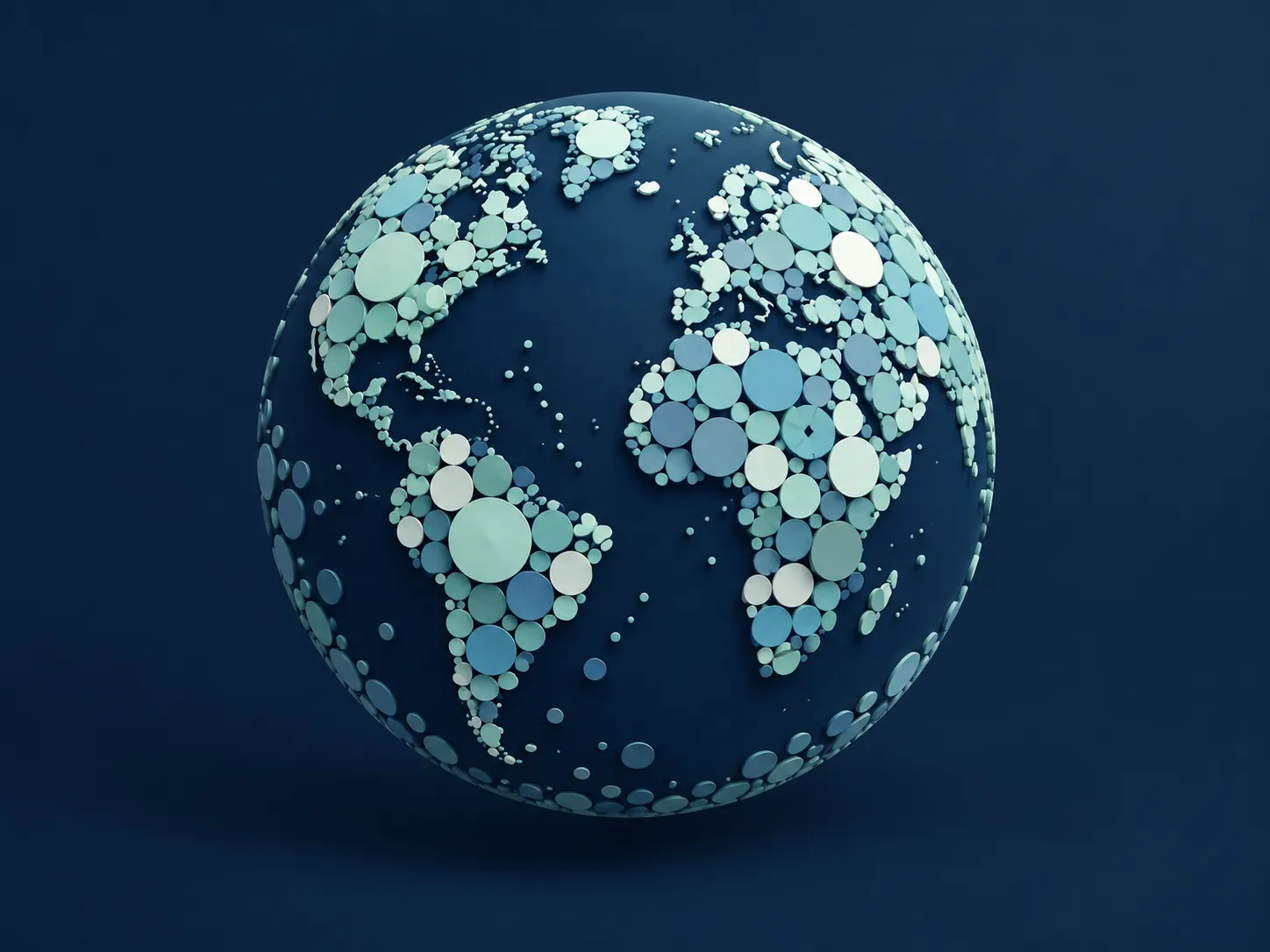 Abstract globe formed from small mint, cyan and slate circular tin shapes